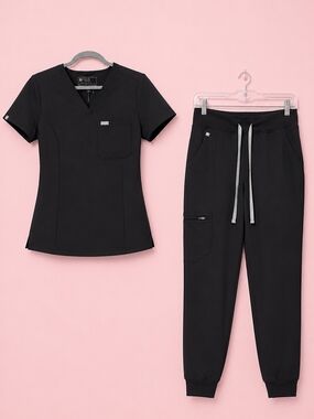 Figs Black V-Neck Scrub Top and Jogger Set